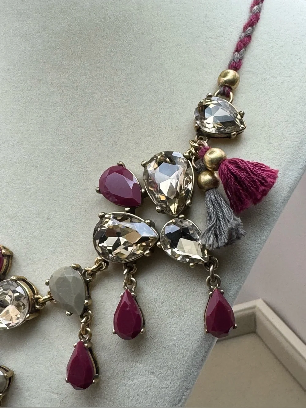 J. Crew Plum and Champagne Crystal Statement Necklace with Tassels